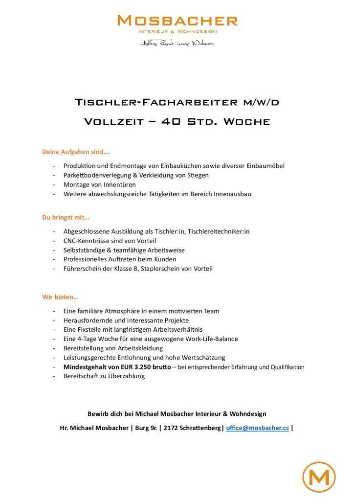 Stelleninserat_Tischlerfacharbeiter